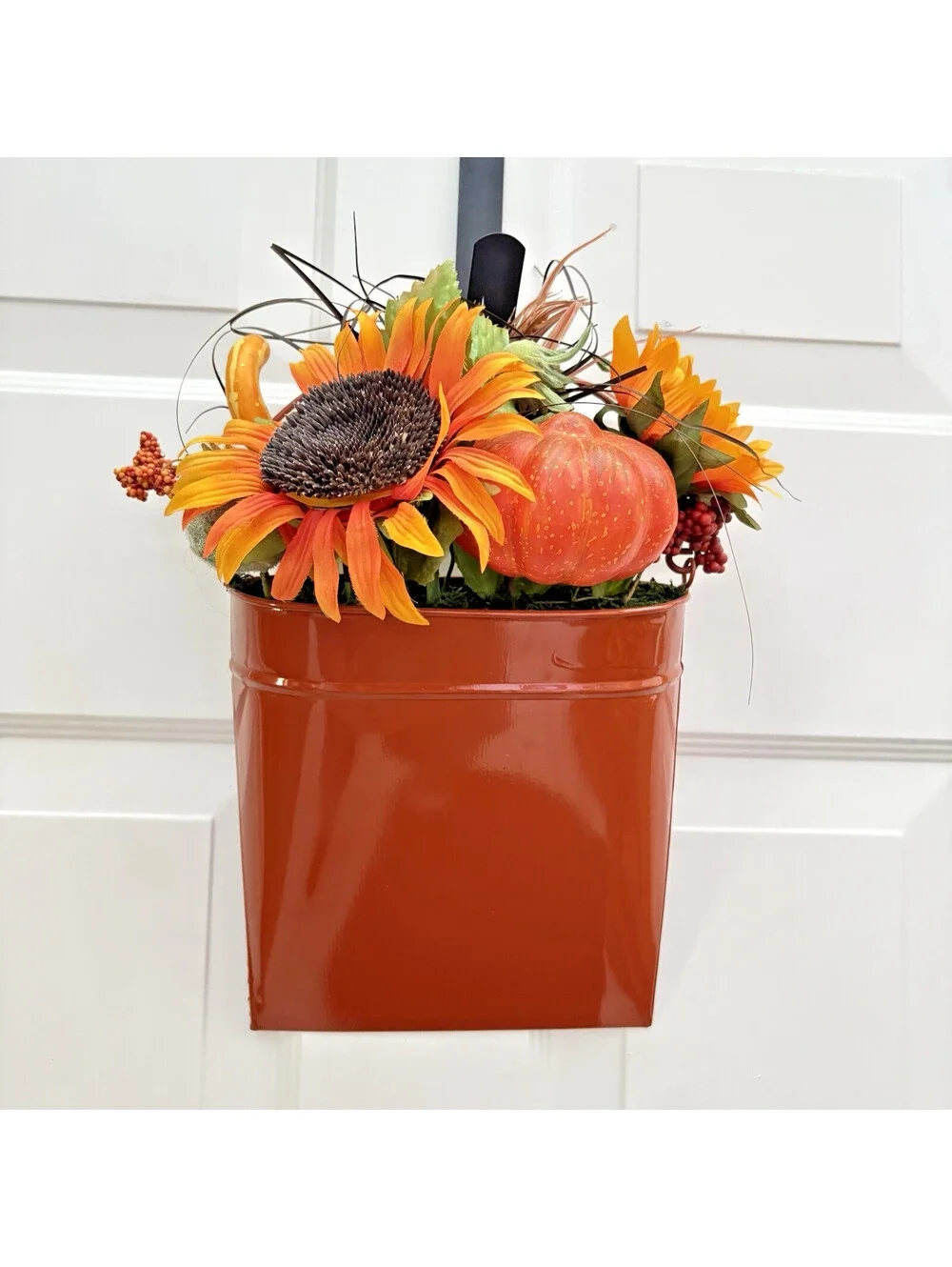 Fall Autumn Floral Sunflower Pocket Metal Bucket Door-Knob Basket ~ Home Decor